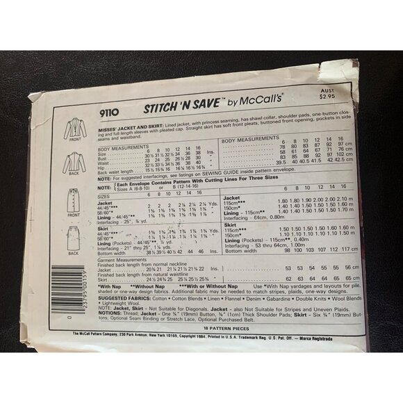 McCall's Misses Jacket Skirt Sewing Pattern Sz 6 - 10 9110 - Uncut - Picture 4 of 9